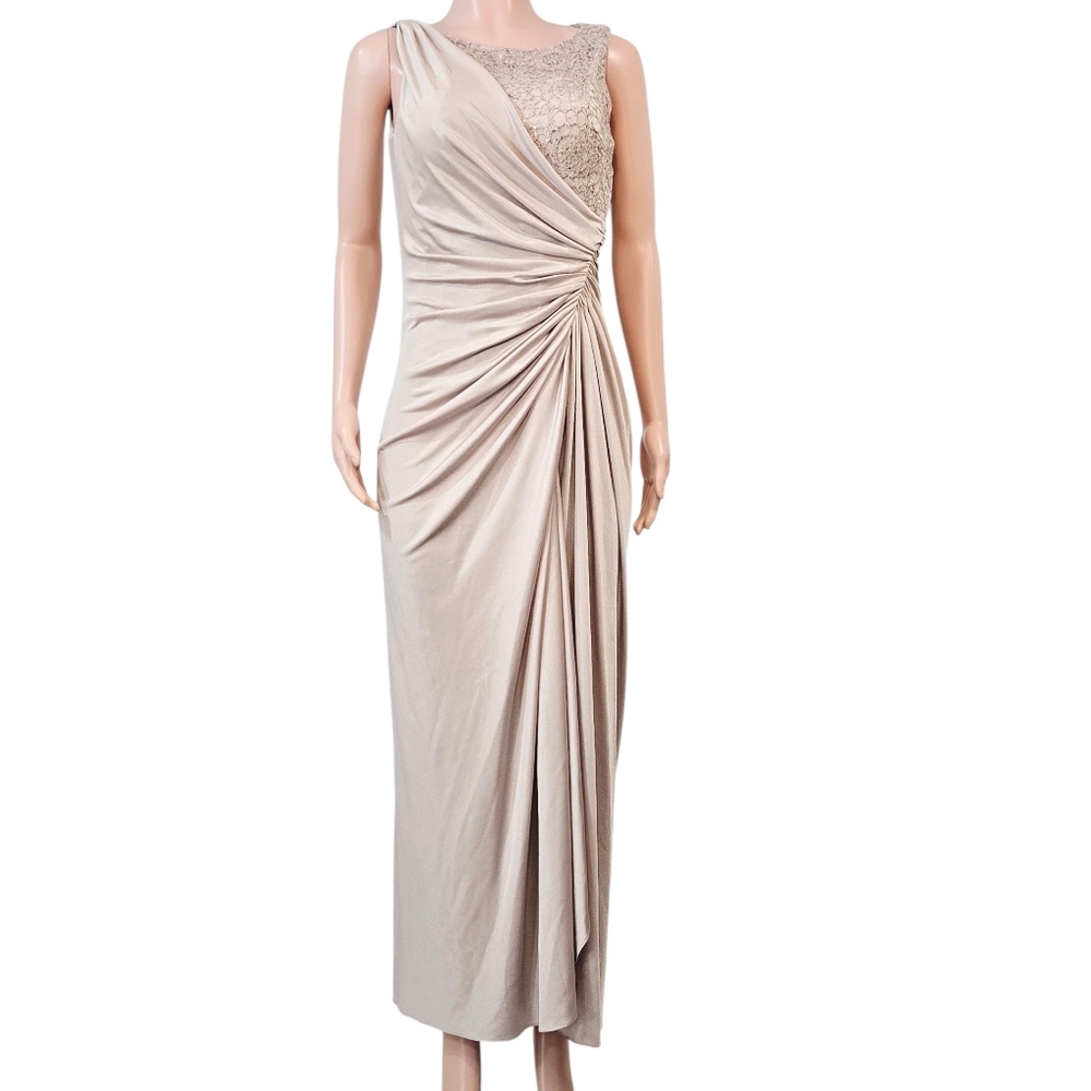 Adrianna Papell Women's Draped Glazed Jersey Metallic Lace Bodice Dress Sz 8P